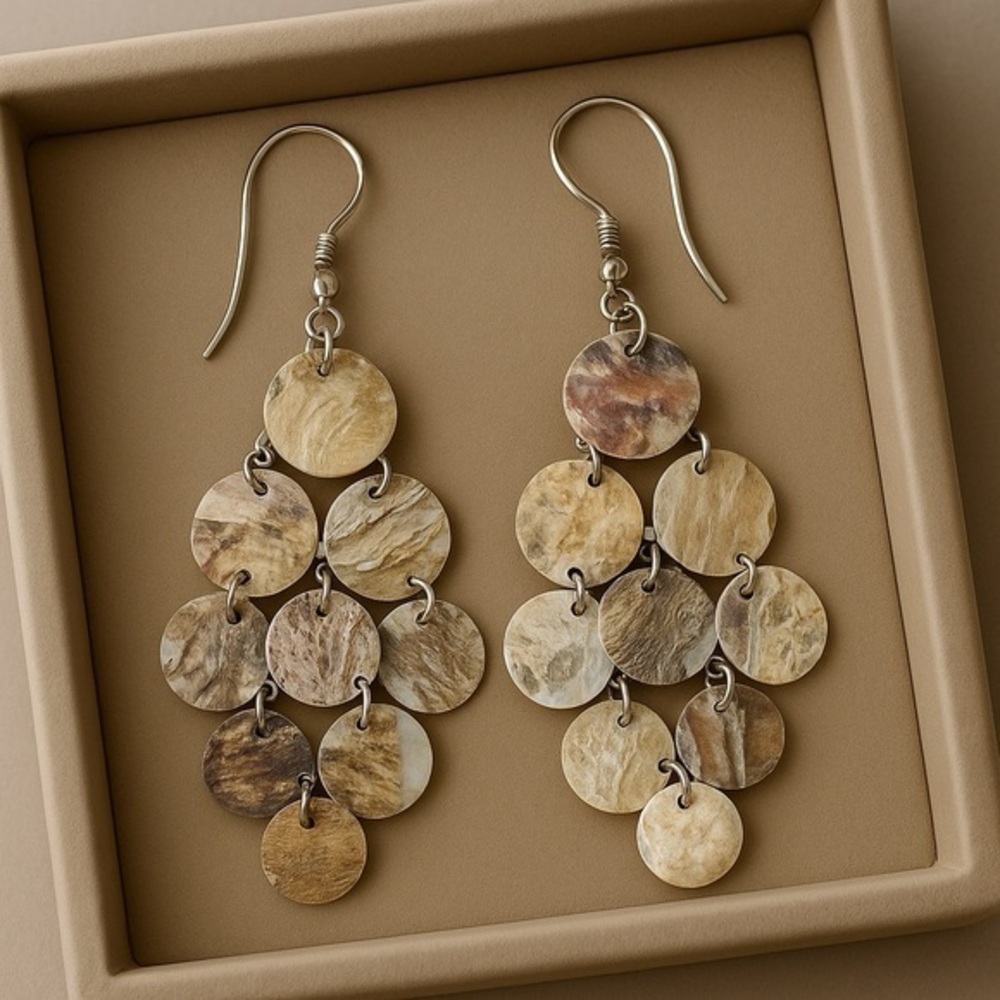 Premier Designs 3" Coin Style MOP Shell Drop Earrings Faux MOP EUC FLAW #004